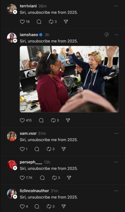 A screenshot of a Threads feed where every user is saying 'Siri, unsubscribe me from 2025.'