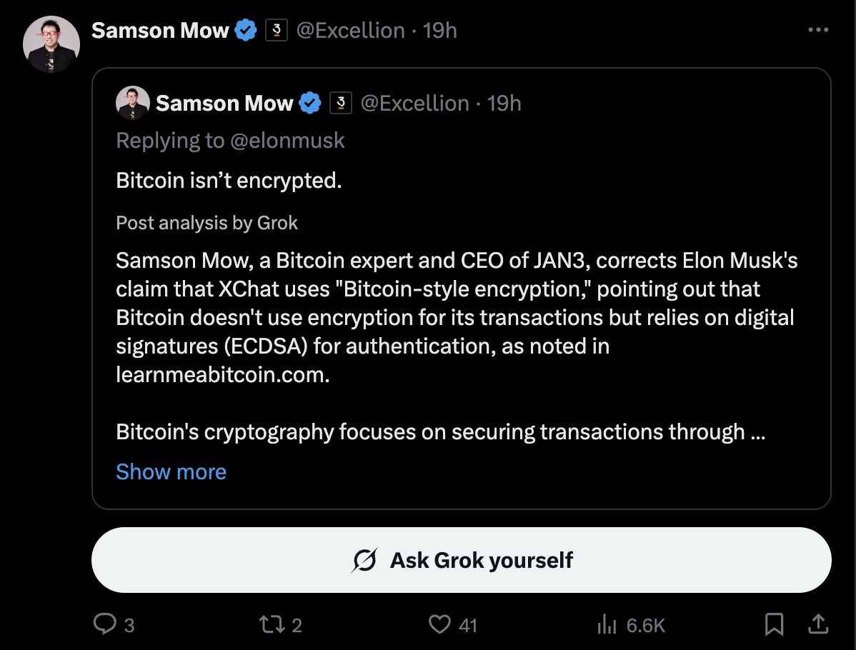 A screenshot from a Grok analysis stating, 'Bitcoin isn't encrypted.'